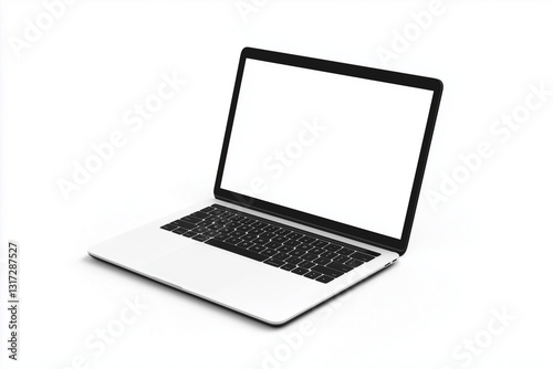 Laptop computer on white background with keyboard and screen visible photo