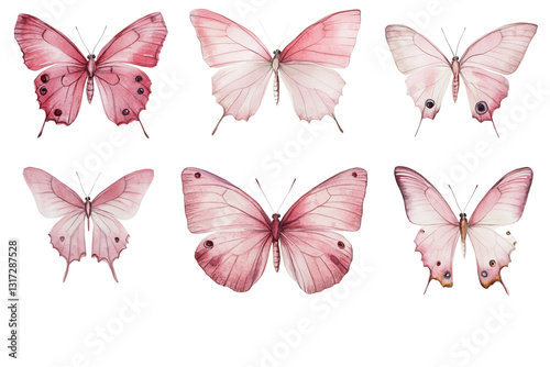  Set of pink watercolor butterflies isolated on Transparent PNG format Background.
