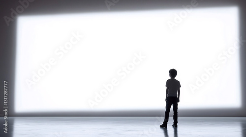 A silhouette of a child standing in front of a large, blank screen, evoking curiosity and imagination in a minimalistic space.