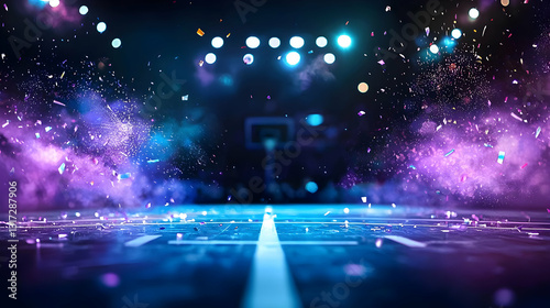 Dynamic Basketball Court With Vibrant Purple And Blue Smoke Confetti And Dramatic Lighting Perfect For Sports Designs