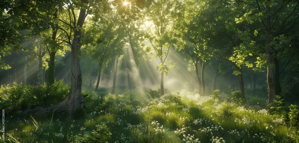 Obraz premium A tranquil forest landscape bathed in sunlight, where rays filter through the leafy green canopy, creating a serene and calming atmosphere.