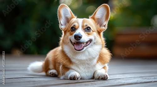 Playful corgi sitting on a wooden floor, head slightly tilted, wide eyes full of wonder, warm natural light, high-quality details, shallow depth of field photo