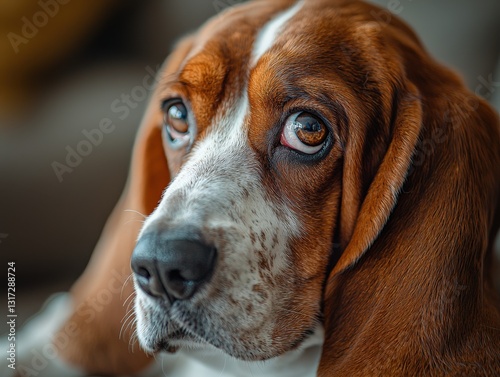Basset hound with long droopy ears looking confused, big sad eyes, close-up shot, rich texture, warm-toned indoor background, soft depth of field