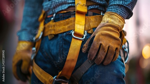 Close-up of a worker adjusting a safety harness, gloves gripping the belt, focus on personal protective equipment, blurred construction site in background