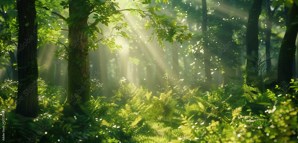 Obraz premium A tranquil forest landscape bathed in sunlight, where rays filter through the leafy green canopy, creating a serene and calming atmosphere.