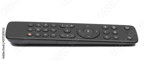 Black remote control for tv isolated on white background, side view, clipping photo