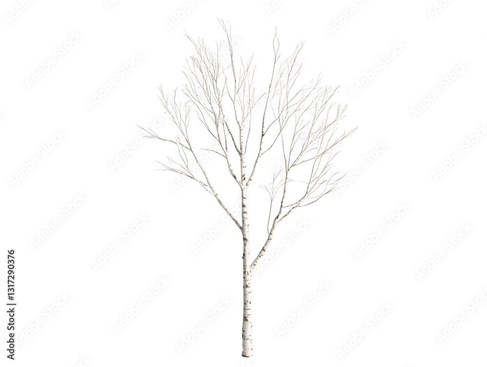 Fototapeta premium A tree with no leaves is standing in a white background. The tree is bare and has no leaves, giving it a desolate and lonely appearance