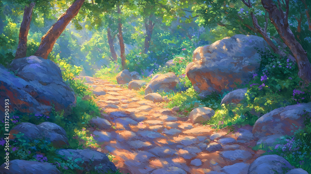 custom made wallpaper toronto digitalSunlit stone path winding through a lush green forest, background of vibrant foliage, ideal for fantasy game backgrounds or travel brochures