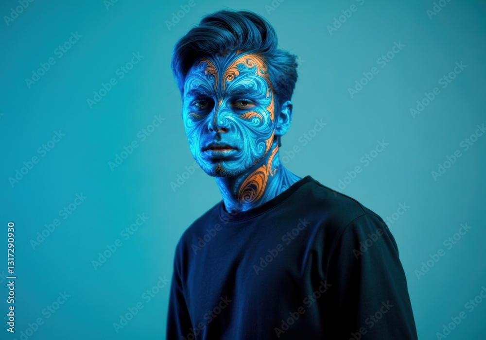Man with vibrant blue and orange face tattoos against a teal background Man with vibrant blue and orange face tattoos against a teal background