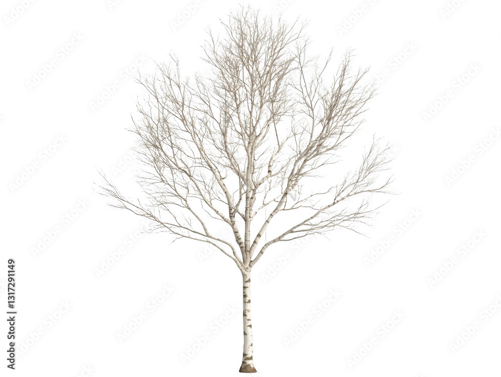 Fototapeta premium A tree with no leaves is standing in a white background. The tree is bare and has no leaves, giving it a desolate and lonely appearance