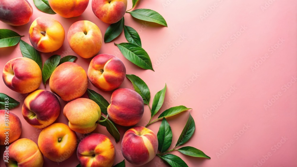A vibrant arrangement of ripe peaches with green leaves on a pink background, perfect for a summer fruit design A vibrant arrangement of ripe peaches with green leaves on a pink background, perfect for a summer fruit design