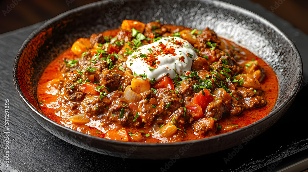 Elegant Presentation of Goulash in a Sleek Black Bowl with Fresh Herbs and Cream Elegant Presentation of Goulash in a Sleek Black Bowl with Fresh Herbs and Cream