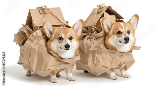 Corgis Surrounded by Wrapping Paper and Cardboard Houses