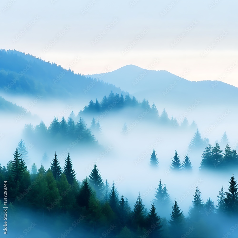 Obraz premium Dreamy Misty Landscape with Soft Hills and Dense Pine Forests in a Tranquil Setting