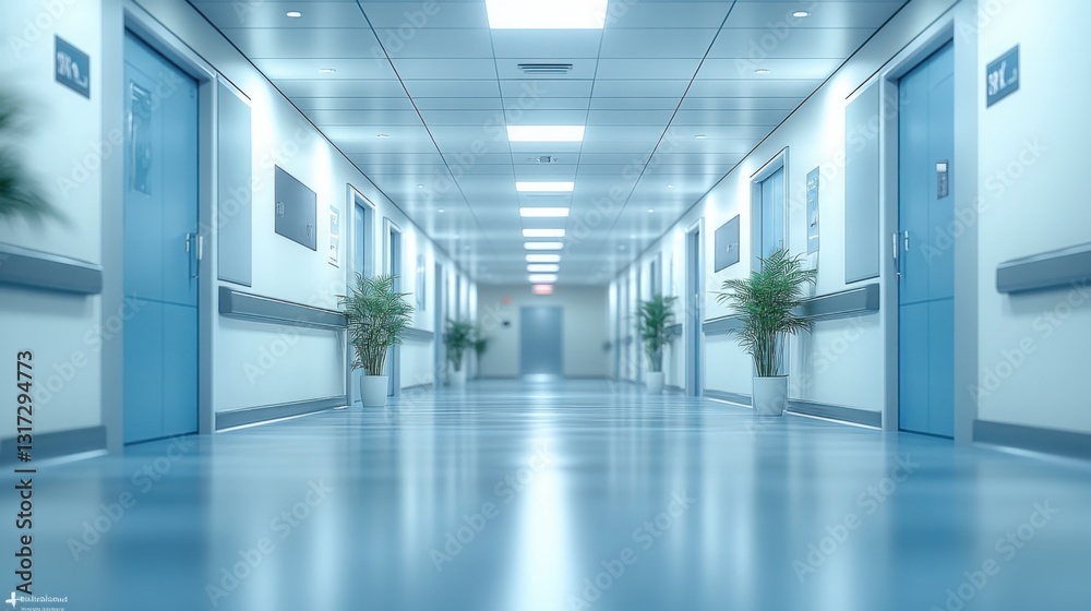 Fototapeta premium Modern Hospital Corridor Sterile Clean Blue Interior Medical Facility Healthcare Architecture