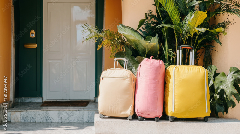Luggage outside a vacation rental entrance with palm plants, travel and holiday theme
