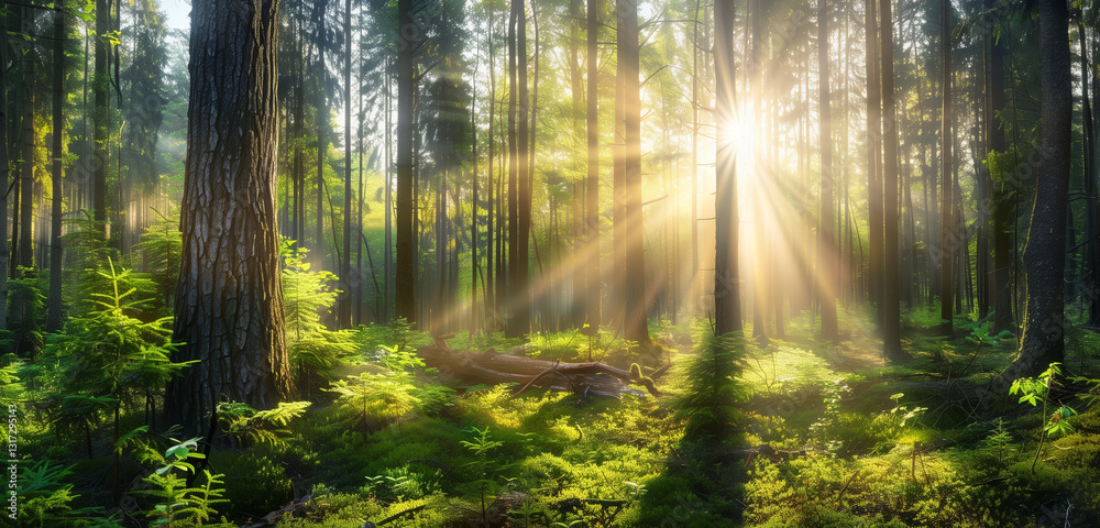 Fototapeta premium A tranquil forest landscape bathed in sunlight, where rays filter through the leafy green canopy, creating a serene and calming atmosphere.