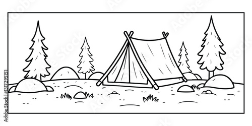 Mountain camping vector illustration with tent and sunset coloring page