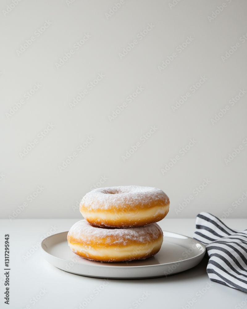Two golden doughnuts dusted with powdered sugar, stacked on a neutral plate. A striped cloth adds contrast to the clean, minimal background, with soft, natural lighting Two golden doughnuts dusted with powdered sugar, stacked on a neutral plate. A striped cloth adds contrast to the clean, minimal background, with soft, natural lighting
