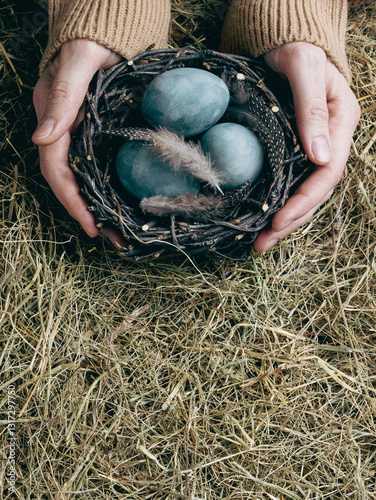 Female hands with birds nest and Easter painted blue eggs among hay background, close-up, vertical image.