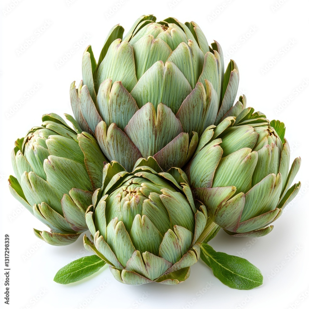 A cluster of fresh artichokes arranged attractively on a white background. A cluster of fresh artichokes arranged attractively on a white background.