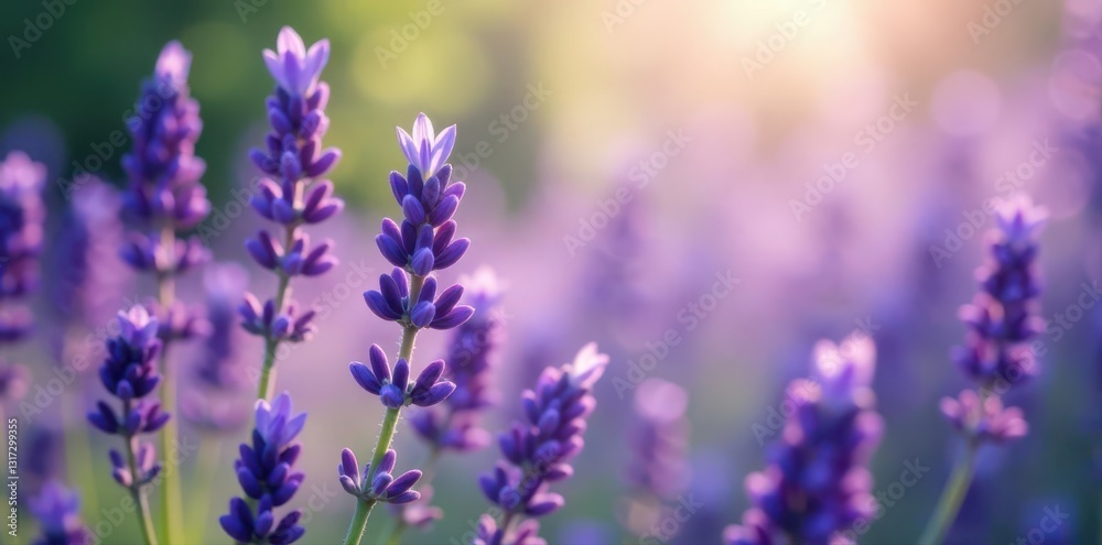 Naklejka premium Purple lavender flowers in full bloom against a dreamy, unfocused backdrop , detail, macro, spring