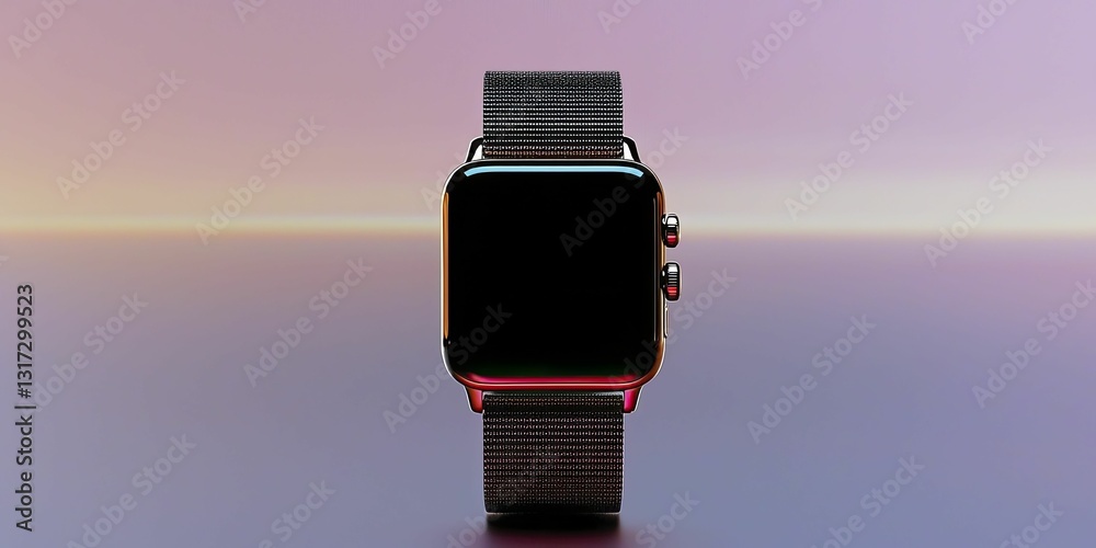 Fototapeta premium Fitness tracker seamlessly integrated with sleek smartwatch, both shimmering gently against a shadowy background.