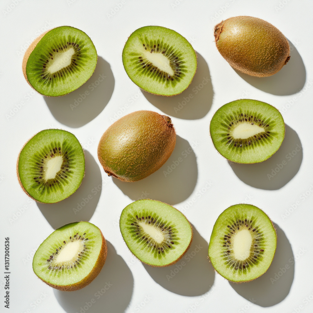 Fototapeta premium Healthy Green Kiwi Slices: Fresh Citrus Fruits Rich in Vitamin C for Nutritious Summer Breakfast and Vibrant Fruit Salad