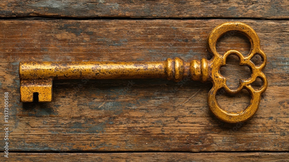 Antique gold key on rustic brown wooden surface. Close up view, detailed texture, warm lighting. Antique gold key on rustic brown wooden surface. Close up view, detailed texture, warm lighting.