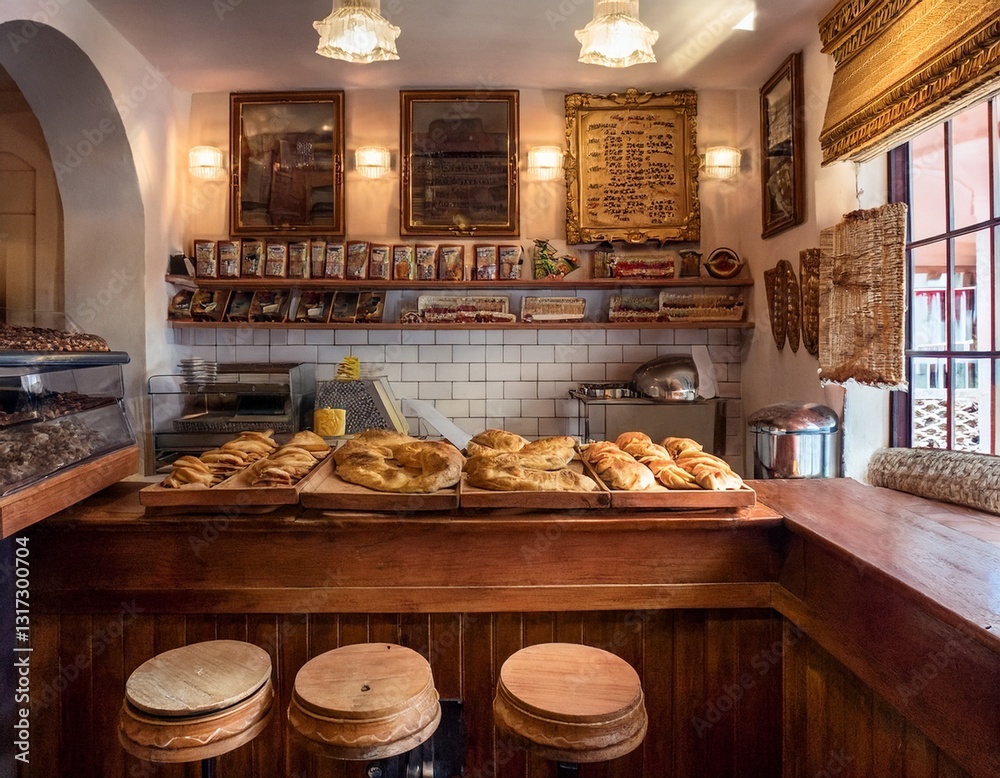 Generated image Interior of an Argentinian empanada shop with a vintage feel, wooden counter, and old photos Generated image Interior of an Argentinian empanada shop with a vintage feel, wooden counter, and old photos