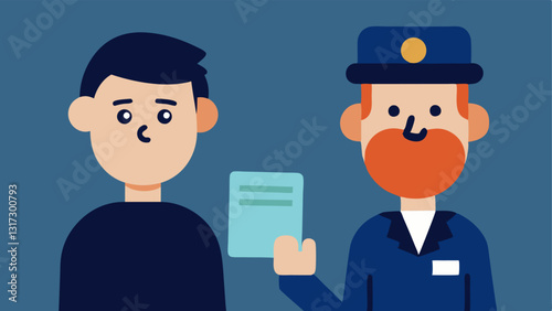 Suspect ID The suspect has a worried expression while a police officer holds up an identification card ready to take details for a report.
