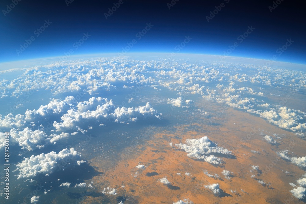 Fototapeta premium Aerial View of the Horizon with Fluffy White Clouds Stretching into an Endless Sky, Captured at Sunset for Warm Pastel Hues