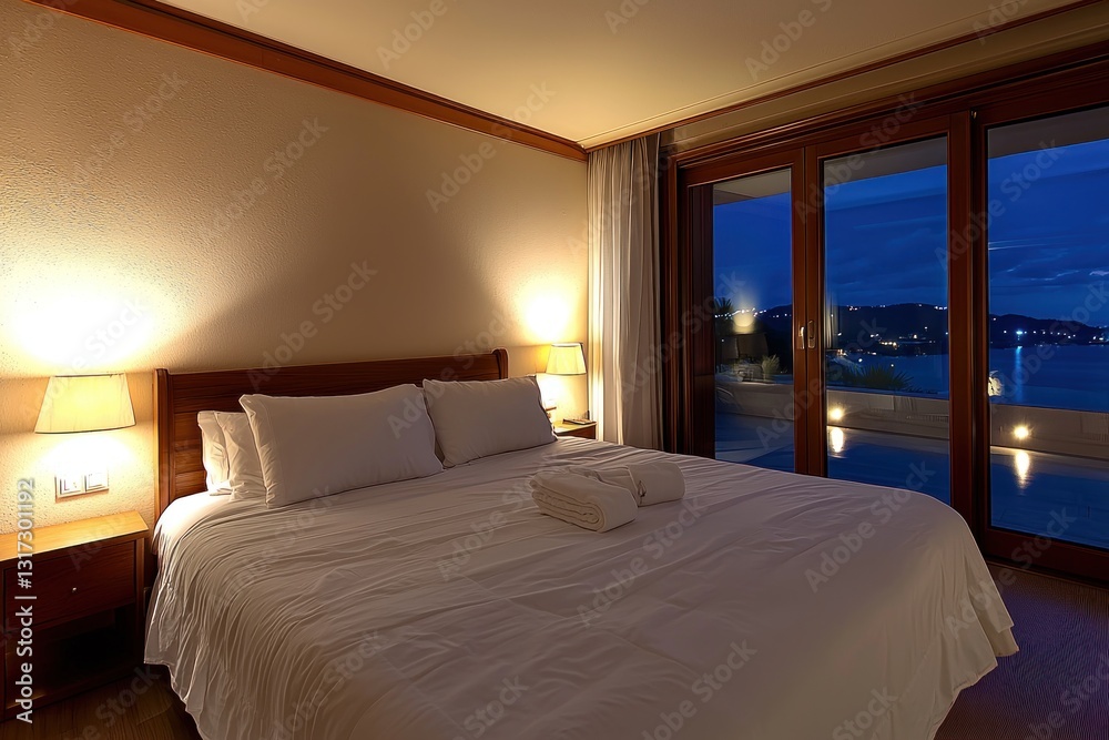 Bedroom with a comfy bed, warm lighting, and a view of the nighttime cityscape Bedroom with a comfy bed, warm lighting, and a view of the nighttime cityscape