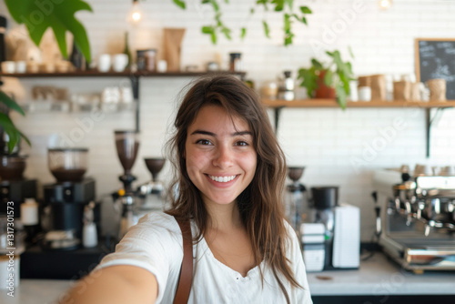 Smiling young woman in a cozy coffee shop surrounded by plants and coffee equipment, radiating warmth and friendliness.