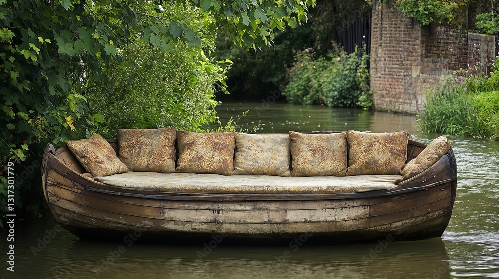 Fototapeta premium Household Punt Boat View Cushions Canal Pristine Faded