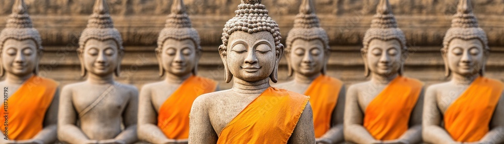 Serene Stone Buddha Statues with Orange Robes Displayed in a Tranquil Setting Surrounded by Nature's Beauty and Peaceful Atmosphere Serene Stone Buddha Statues with Orange Robes Displayed in a Tranquil Setting Surrounded by Nature's Beauty and Peaceful Atmosphere