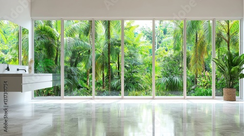 Modern bathroom with nature view. Sink and bright marble floor