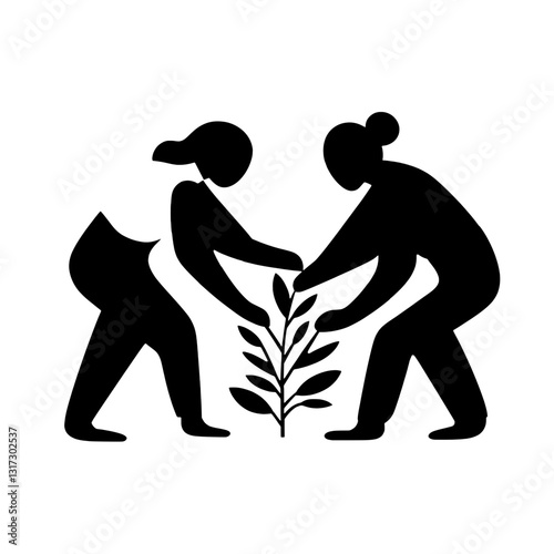 Connection through cultivation, two figures nurturing a young plant together in a harmonious environment of growth and care