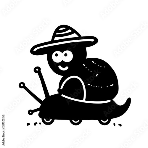 Charming snail on wheels wearing a sombrero rolls along a playful path delighting everyone around
