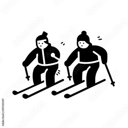 Two skiers gracefully navigating the snowy slopes during a bright winter day in a picturesque mountain landscape