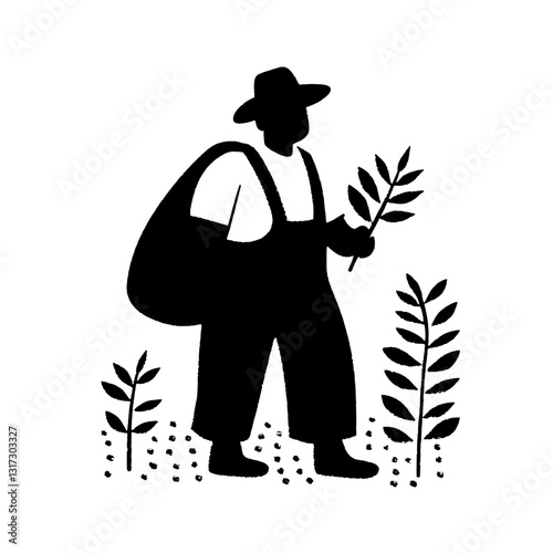 Creative farmer tending to plants while carrying a bag, showcasing dedication to agriculture and nature in a stylized vector design