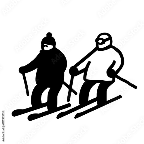 Skiers gracefully making their way down a snowy slope in a winter wonderland setting under a clear blue sky