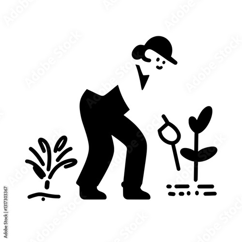 Gardener tending to plants in a flourishing garden during a sunny day