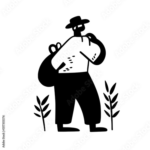 Farmer carrying a sack while strolling through a field of crops at sunrise