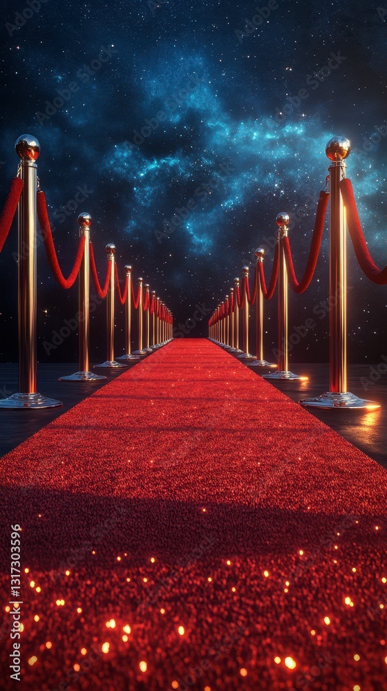Elegant red carpet with velvet ropes under a starry night sky creating a glamorous atmosphere for special events Elegant red carpet with velvet ropes under a starry night sky creating a glamorous atmosphere for special events