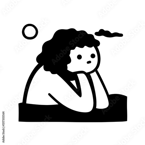 Contemplative figure gazing into the distance under a simple sun and cloud illustration