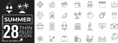 Summer Vacation and Beach Icons: Travel, Holiday, Beach, Ocean, Boat, Palms, Island, Cocktail, Plane, Ticket, Nature, Relaxation. Vector Illustration