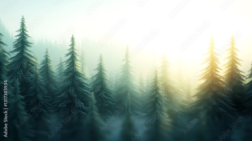Fototapeta premium Serene Early Morning Light Illuminating a Mysterious Foggy Evergreen Forest Landscape