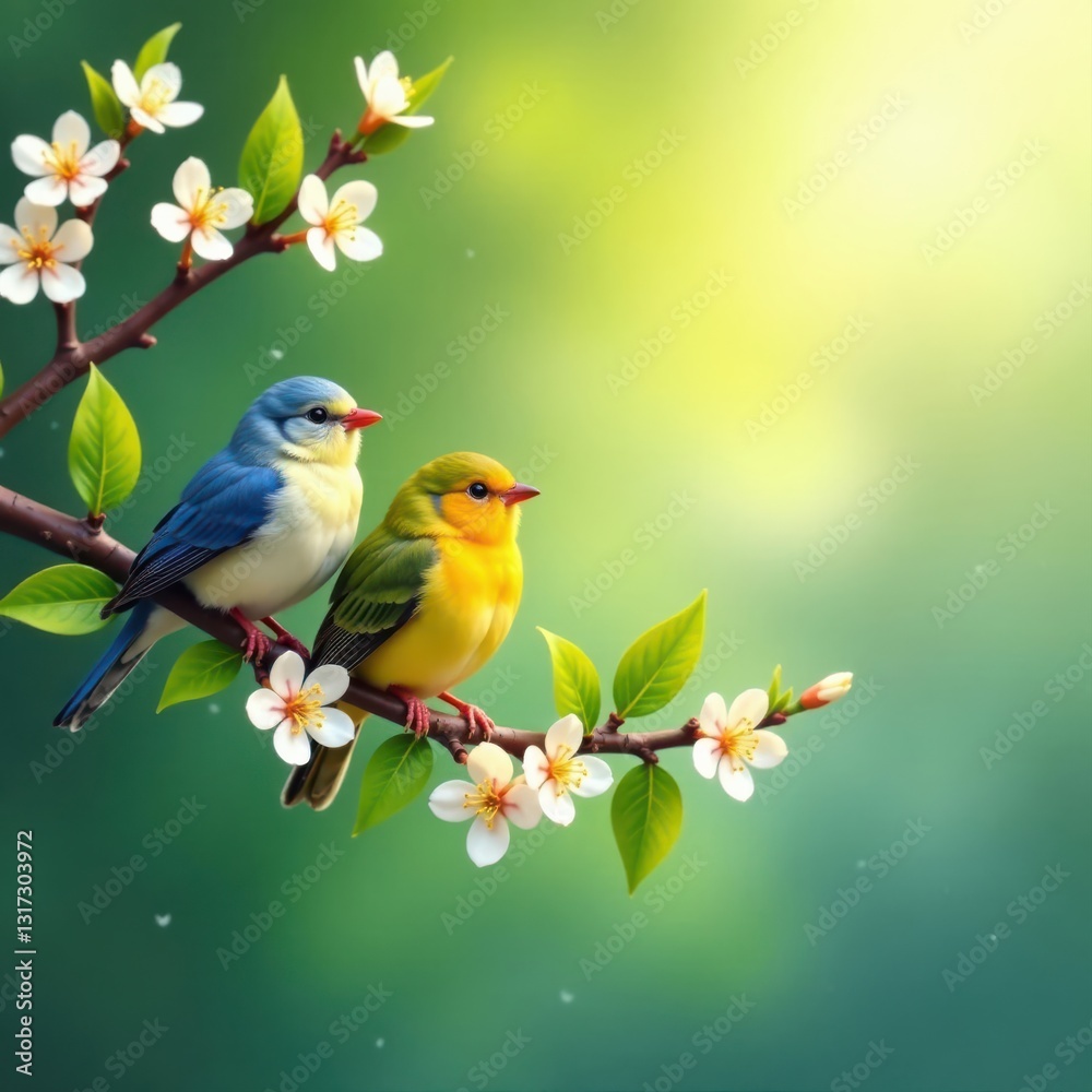 Fototapeta premium Three cheerful birds perched on blossoming branches, sunlight dappled leaves , art, artwork, flowers