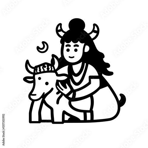 Celebrate the bond between a girl and her cow during a joyful festival in a vibrant village setting in this artistic vector design